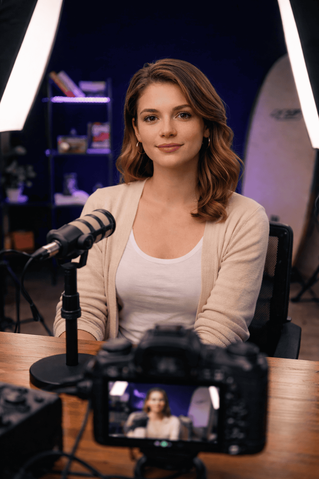 A woman AI avatar shoot in professional podcast studio