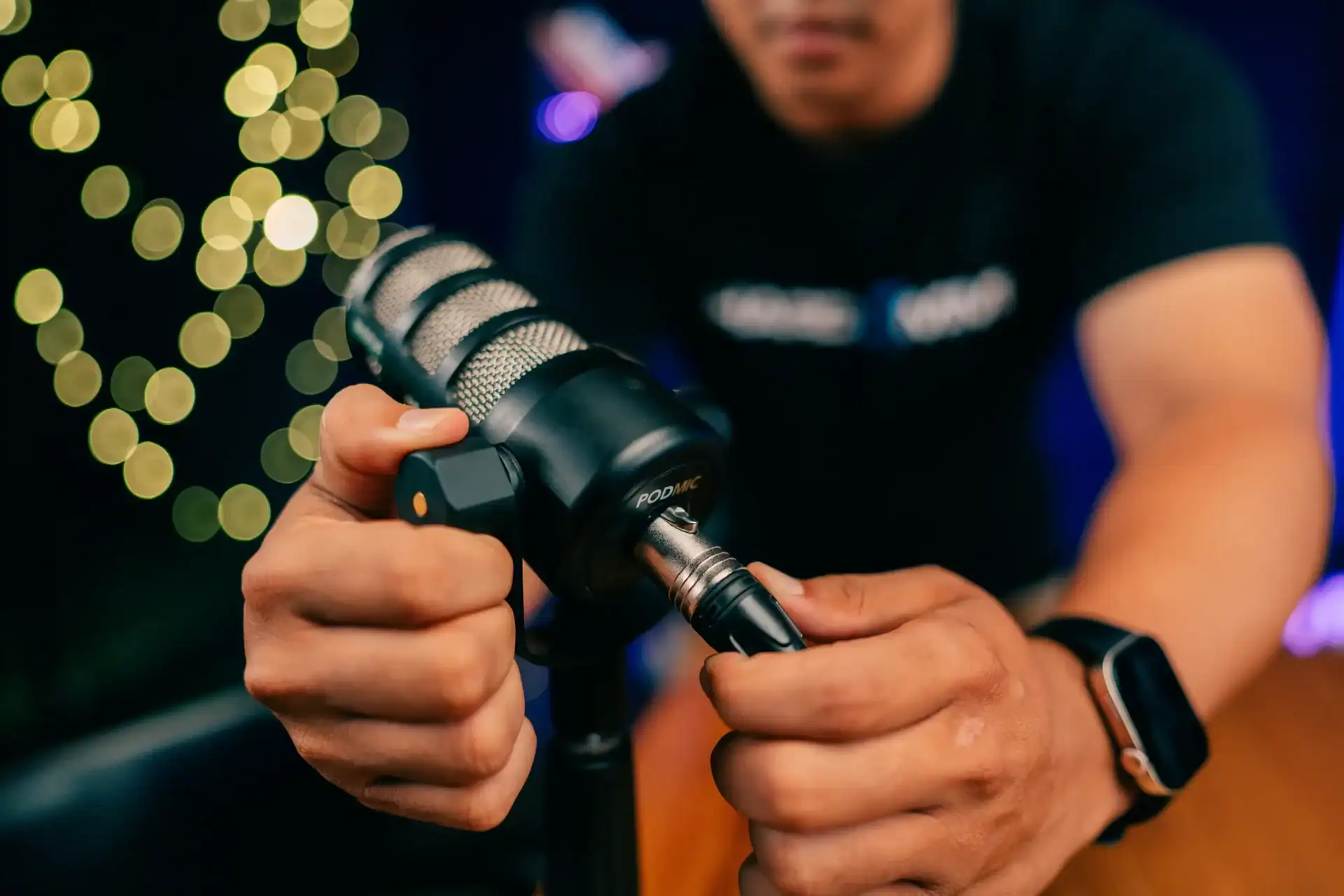 High-quality microphone connection for podcasting or streaming in a professional studio.