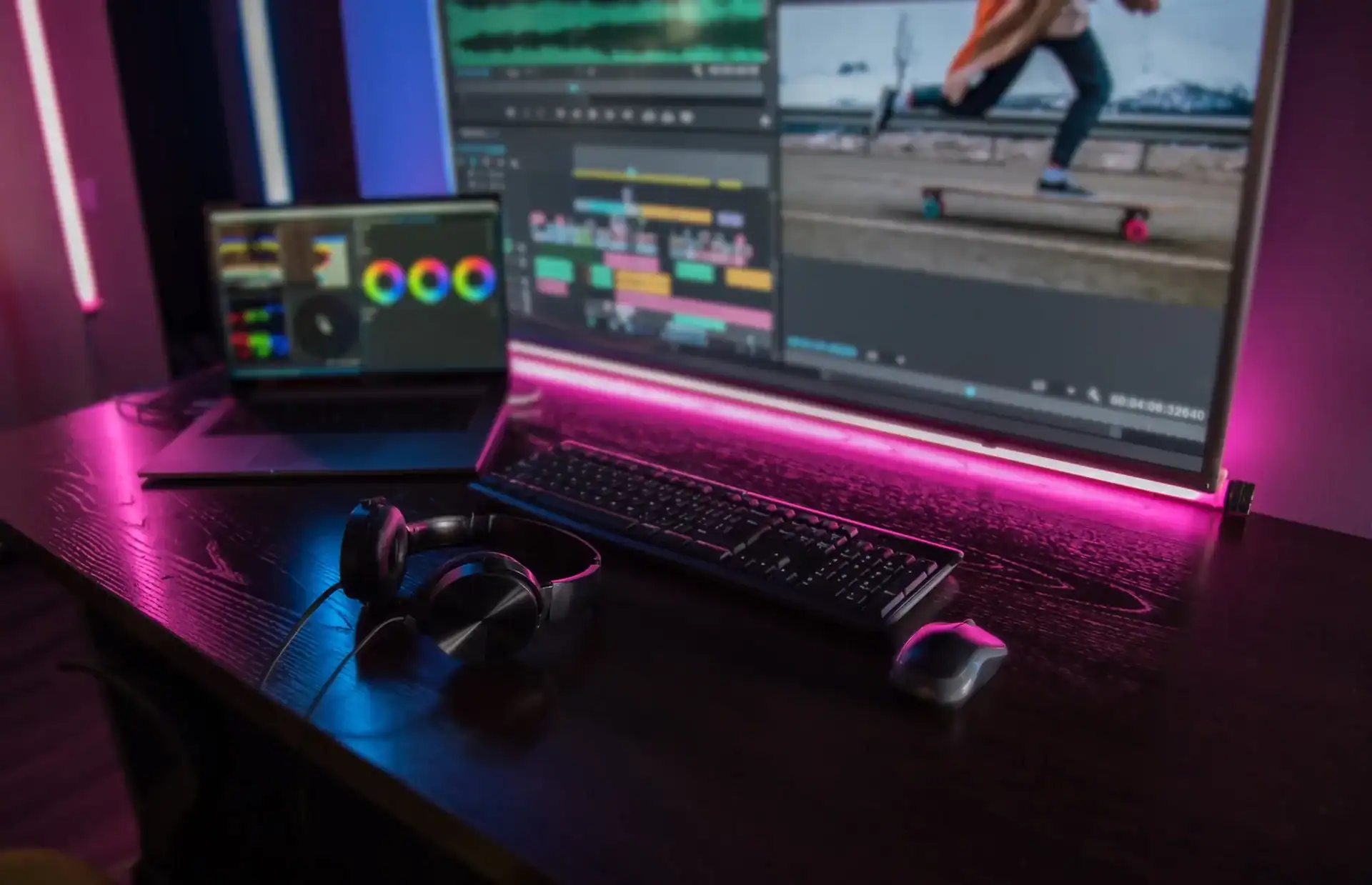 Vibrant editing workspace with dual monitors and creative video editing setup.