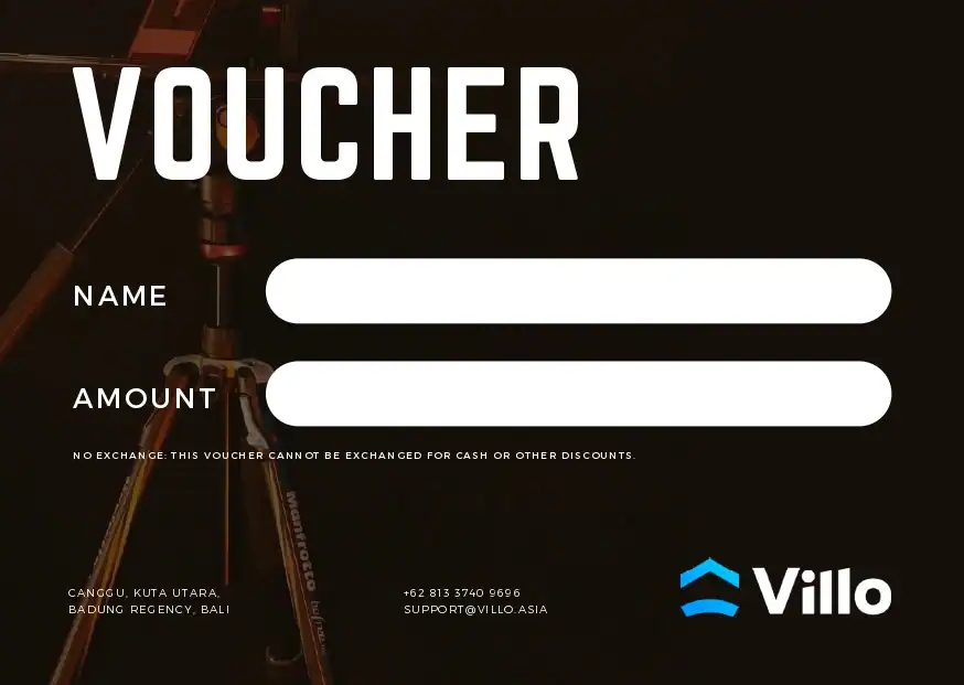 Villo Studio gift card voucher — black and gold design with a personal message field