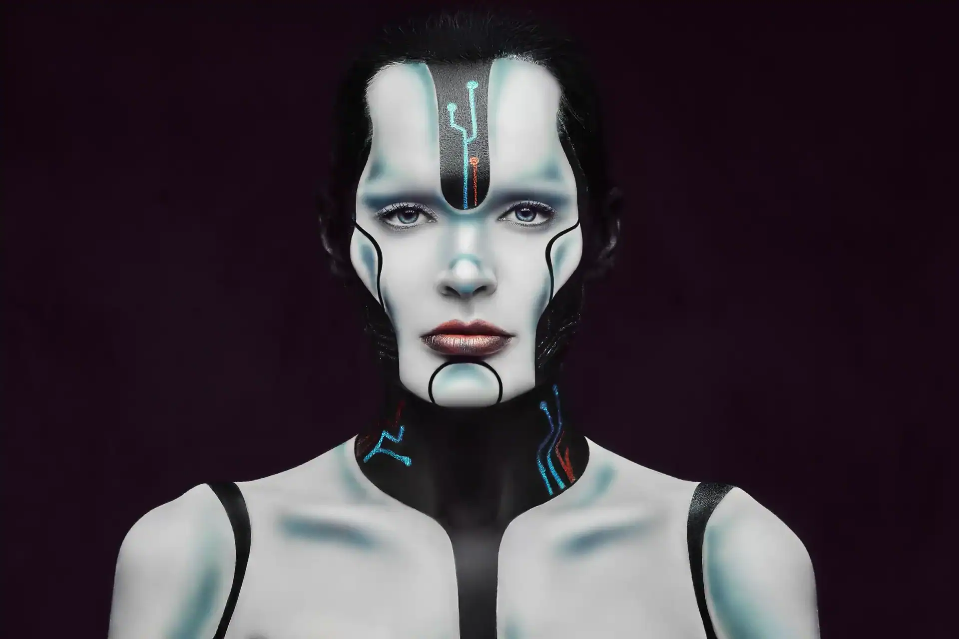Futuristic female robot with cybernetic makeup and digital elements, high-tech cyberpunk style.