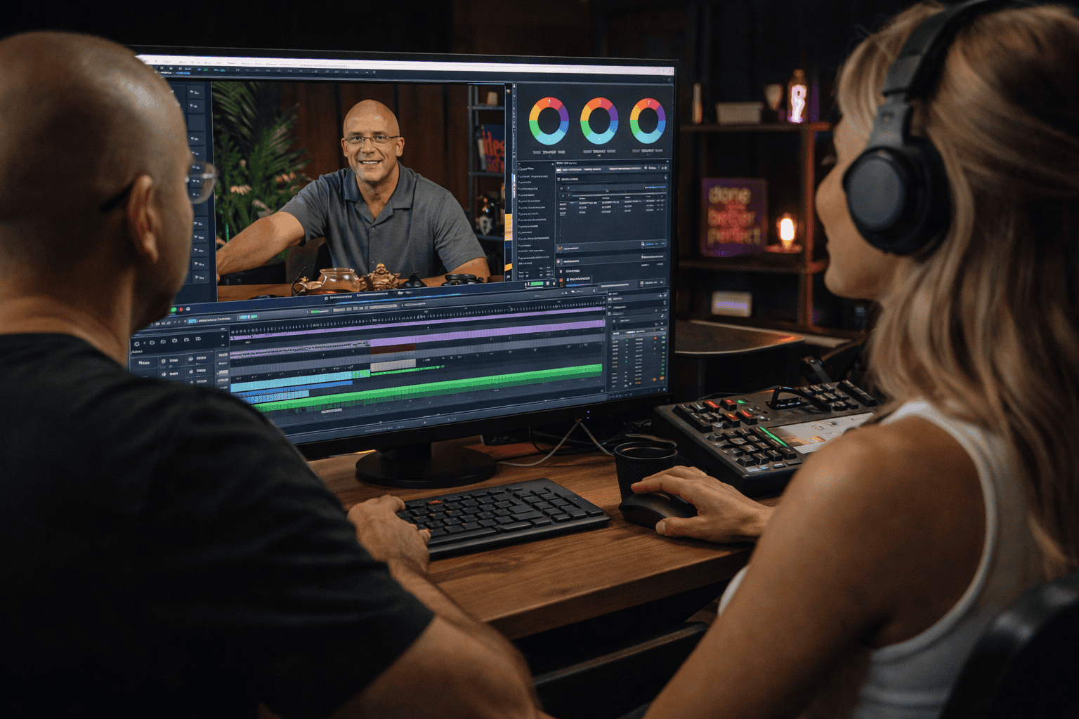 Creative video editing studio with professionals working on a film project in South Africa.