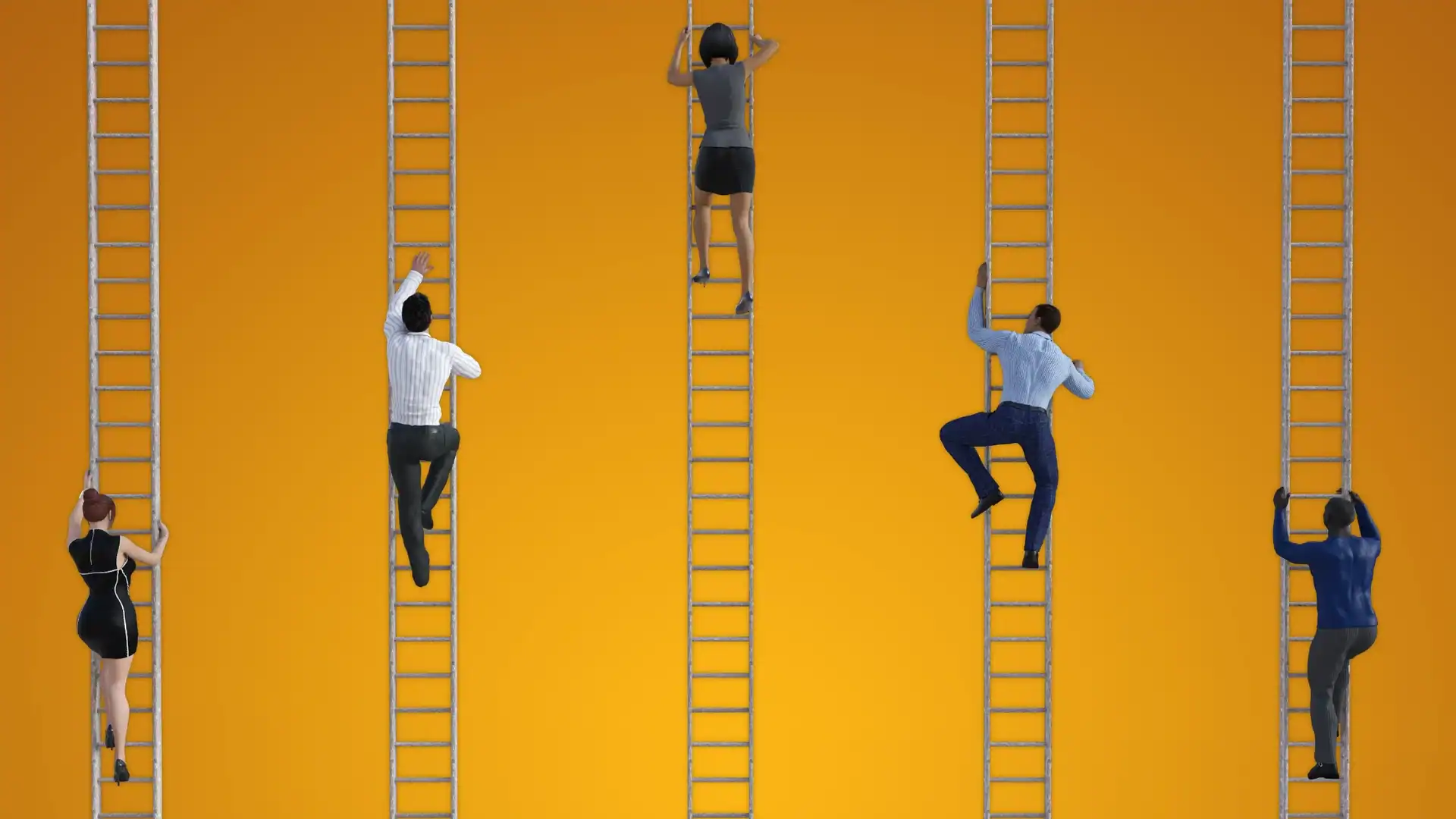 Climbing ladders in an office space representing career growth and success.