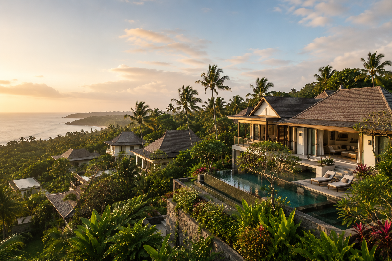 Tropical hillside resort at sunset