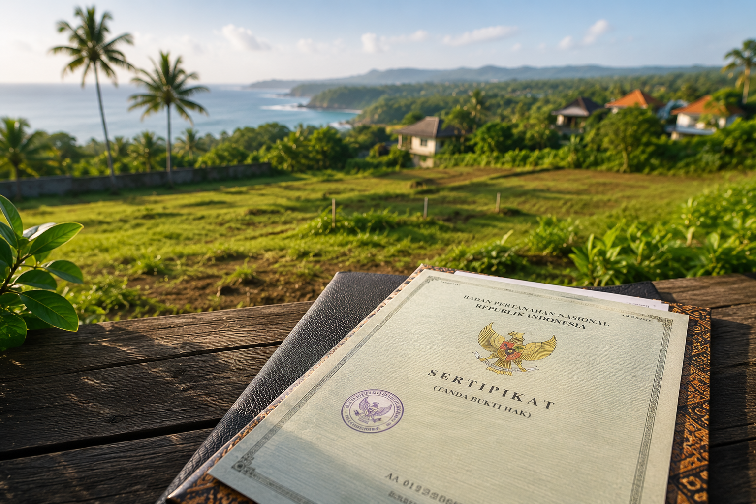 Indonesian land certificate in tropical setting
