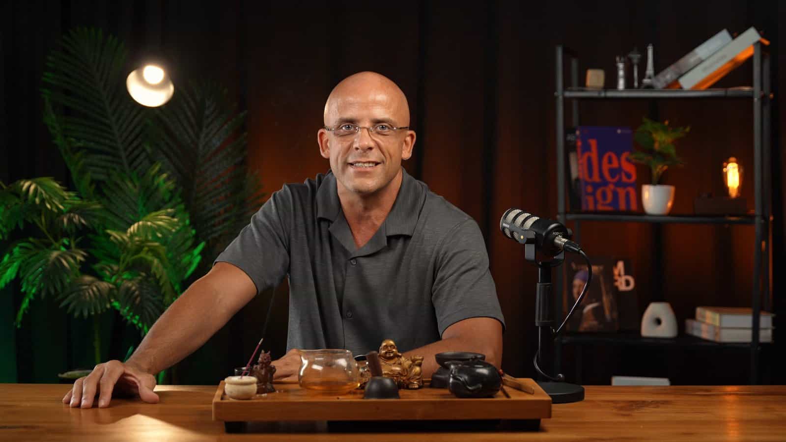 Podcast set with RODE PodMic and tea ceremony