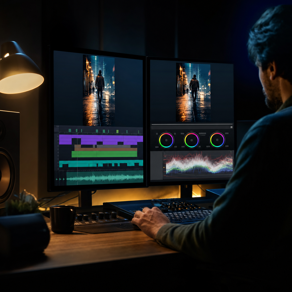 Edit bay screens with timeline and color grading